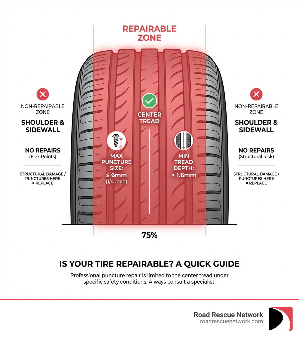 infographic showing tire cross-section with repairable zone highlighted in the center tread area versus non-repairable sidewall and shoulder areas, including measurements for the 6mm maximum puncture size and 1.6mm minimum tread depth requirement - Puncture repair service infographic 