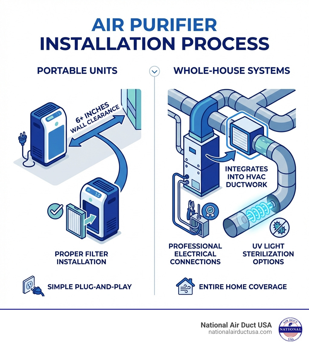Infographic showing the air purifier installation process: portable units require 6+ inches of wall clearance and proper filter installation, while whole-house systems integrate into HVAC ductwork near the air handler with professional electrical connections and UV light options for sterilization - air purifier installation infographic 