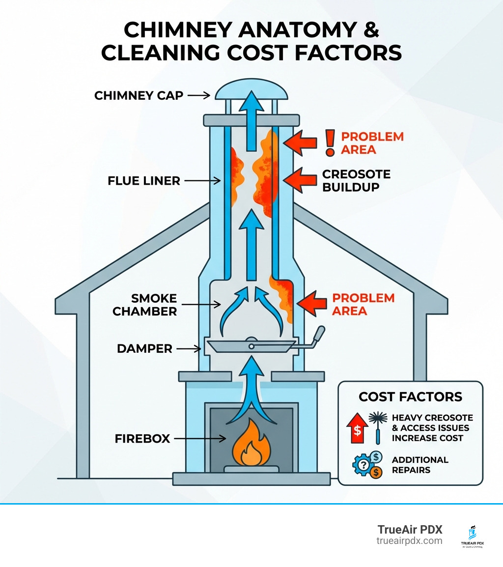 Infographic showing chimney anatomy with labeled parts including chimney cap, flue liner, smoke chamber, damper, firebox, and creosote buildup locations, plus arrows indicating proper airflow direction and common problem areas that affect cleaning costs - chimney sweep portland cost infographic Infographic showing chimney anatomy with labeled parts including chimney cap, flue liner, smoke chamber, damper, firebox, and creosote buildup locations, plus arrows indicating proper airflow direction and common problem areas that affect cleaning costs - chimney sweep portland cost infographic