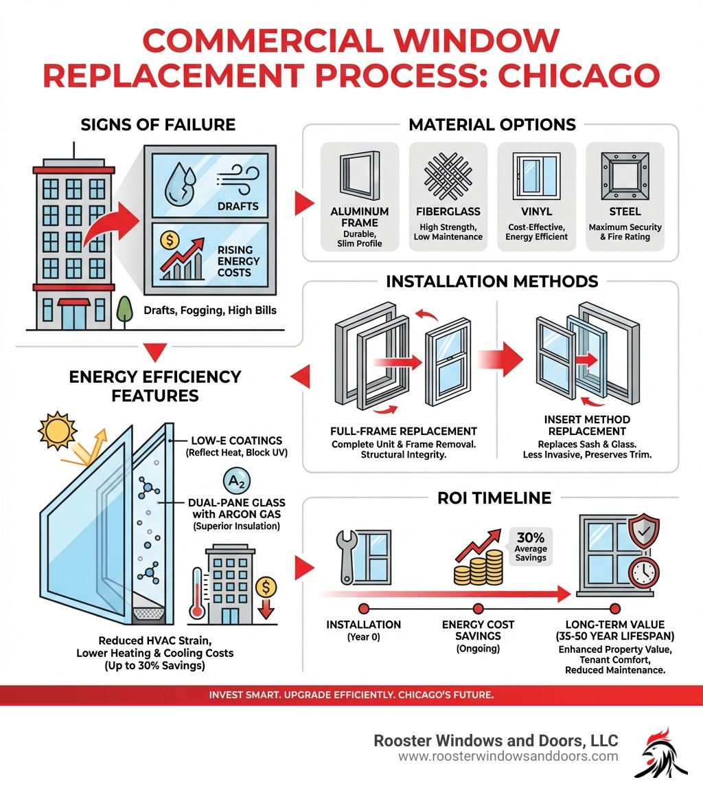 infographic showing commercial window replacement process in Chicago including signs of window failure, material options for aluminum fiberglass vinyl and steel frames, installation methods comparing full-frame versus insert replacement, energy efficiency features like Low-E coatings and dual-pane glass, and typical ROI timeline showing 35-50 year lifespan with energy cost savings - commercial window replacement in chicago infographic 
