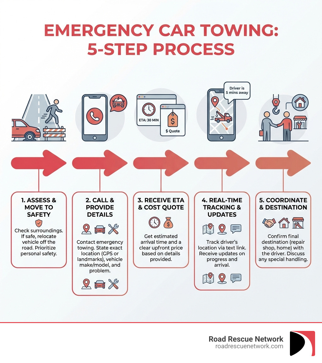 Infographic showing the complete emergency towing process: Step 1 - Assess your situation and move to safety if possible; Step 2 - Call for emergency towing and provide your exact location, vehicle details, and problem description; Step 3 - Receive estimated arrival time and cost quote; Step 4 - Track your tow truck driver in real-time via text updates; Step 5 - Coordinate with driver about destination and any special requirements - emergency car towing near me infographic 