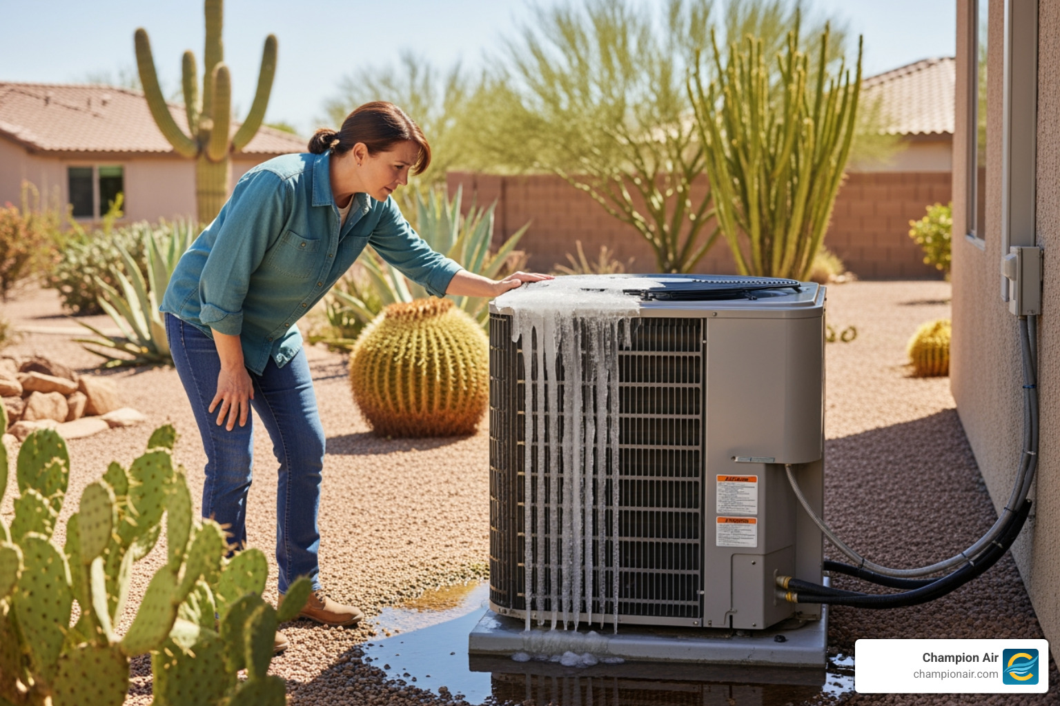 Infographic showing heat pump emergency signs: no heating or cooling, strange noises like grinding or banging, burning or electrical smells, ice buildup on outdoor unit, short cycling on and off, rising energy bills, unresponsive thermostat, and visible leaks or water pooling - heat pump repair 24 hour in chandler, az