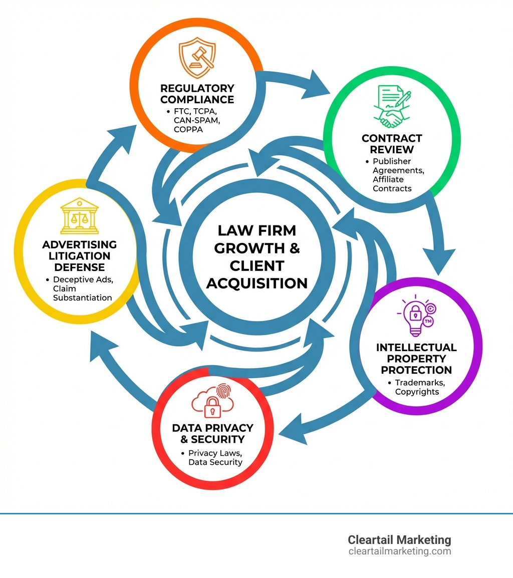 INFOGRAPHIC SHOWING THE INTERNET MARKETING ATTORNEY ECOSYSTEM: REGULATORY COMPLIANCE (FTC, TCPA, CAN-SPAM, COPPA) CONNECTING TO CONTRACT REVIEW (PUBLISHER AGREEMENTS, AFFILIATE CONTRACTS), WHICH LINKS TO INTELLECTUAL PROPERTY PROTECTION (TRADEMARKS, COPYRIGHTS), FLOWING INTO DATA PRIVACY AND SECURITY, AND FINALLY CONNECTING TO ADVERTISING LITIGATION DEFENSE, WITH ALL ELEMENTS SUPPORTING LAW FIRM GROWTH AND CLIENT ACQUISITION - INTERNET MARKETING ATTORNEY INFOGRAPHIC 