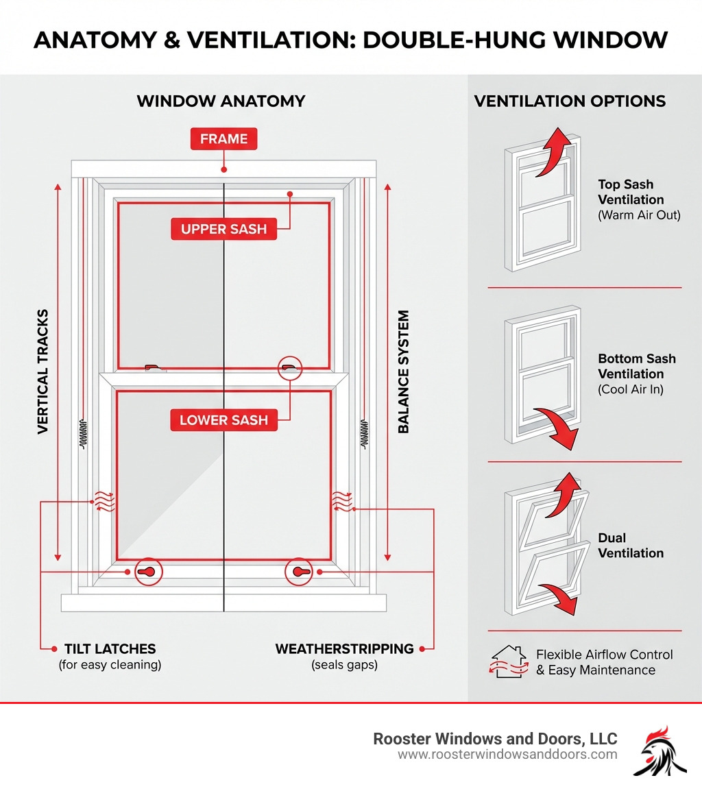 Infographic showing the anatomy of a double-hung window with labeled parts including upper sash, lower sash, tilt latches, balance system, vertical tracks, frame, and weatherstripping, plus illustrations of ventilation options - what is a double hung window infographic Infographic showing the anatomy of a double-hung window with labeled parts including upper sash, lower sash, tilt latches, balance system, vertical tracks, frame, and weatherstripping, plus illustrations of ventilation options - what is a double hung window infographic