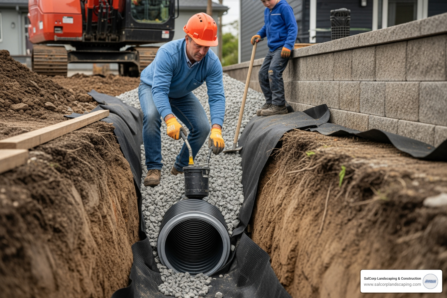 drainage pipe installation behind a retaining wall - block drainage solutions