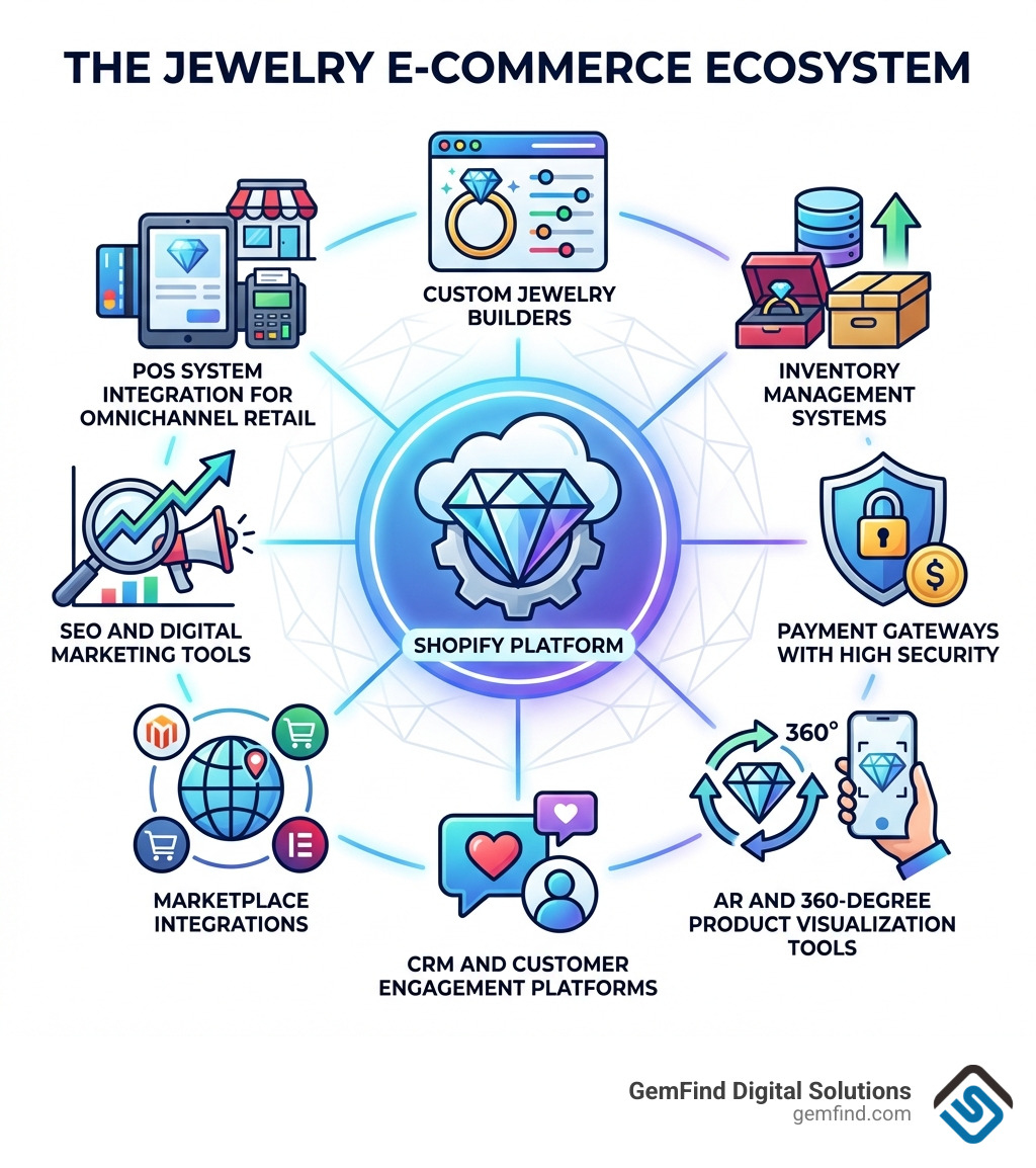 Infographic showing the jewelry e-commerce ecosystem including key components: Shopify platform at the center, connected to custom jewelry builders, inventory management systems, payment gateways with high security, AR and 360-degree product visualization tools, CRM and customer engagement platforms, marketplace integrations, SEO and digital marketing tools, and POS system integration for omnichannel retail - shopify expert for jewelry stores infographic Infographic showing the jewelry e-commerce ecosystem including key components: Shopify platform at the center, connected to custom jewelry builders, inventory management systems, payment gateways with high security, AR and 360-degree product visualization tools, CRM and customer engagement platforms, marketplace integrations, SEO and digital marketing tools, and POS system integration for omnichannel retail - shopify expert for jewelry stores infographic