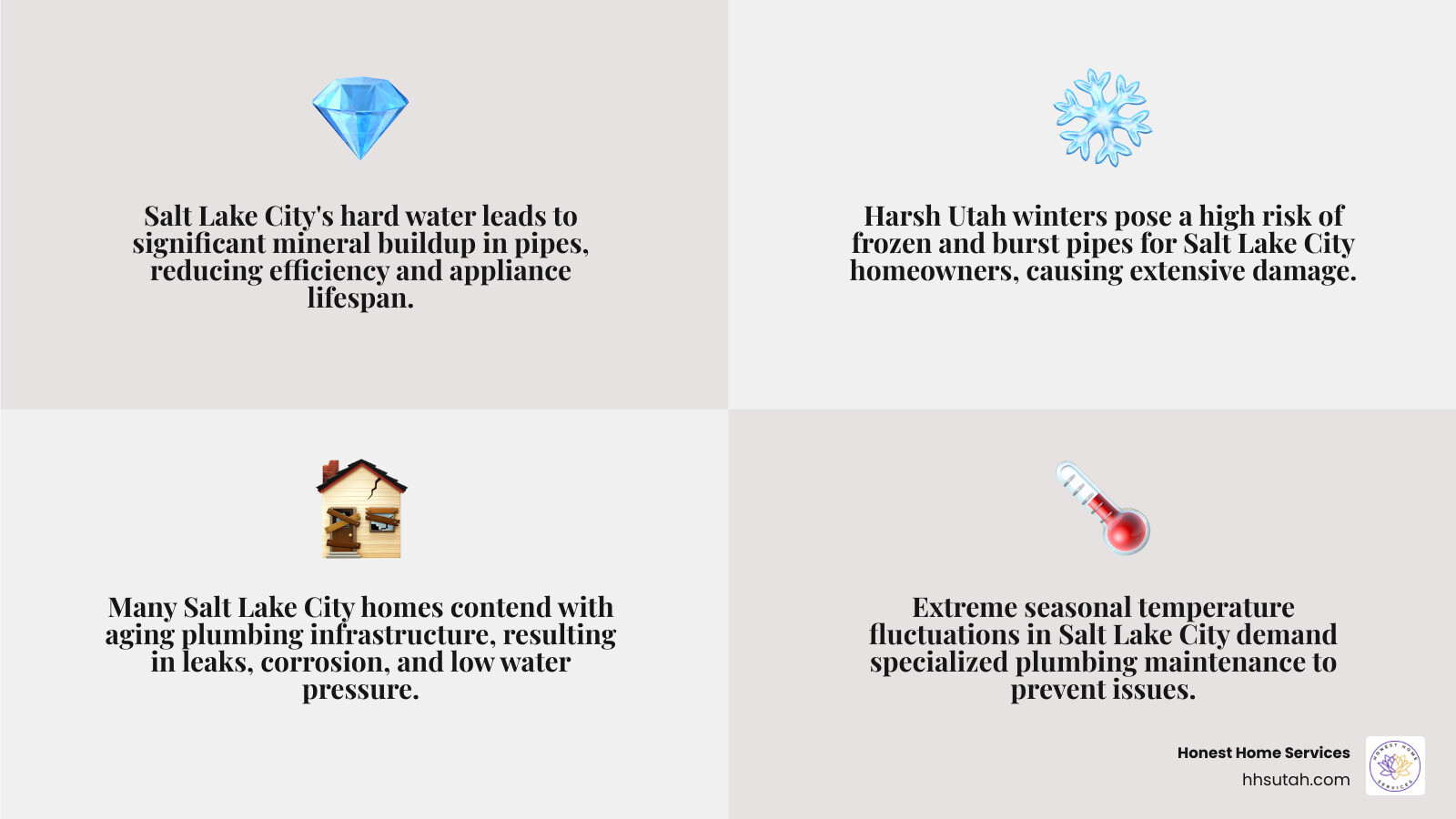 Infographic showing the key components of a home plumbing system including water supply lines, drain waste vent system, water heater, fixtures, shut-off valves, and pressure regulators, with callouts for common Salt Lake City issues like hard water buildup and freeze-prone pipes - plumbing salt lake city infographic 4_facts_emoji_grey Infographic showing the key components of a home plumbing system including water supply lines, drain waste vent system, water heater, fixtures, shut-off valves, and pressure regulators, with callouts for common Salt Lake City issues like hard water buildup and freeze-prone pipes - plumbing salt lake city infographic 4_facts_emoji_grey