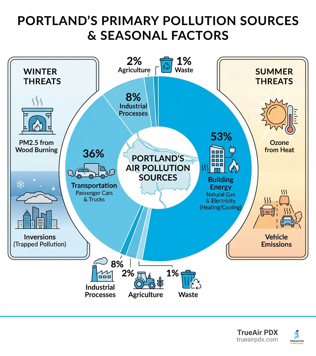 Infographic showing Portland's primary pollution sources: 53% from building energy (natural gas and electricity for heating/cooling), 36% from transportation (passenger cars and trucks), 8% from industrial processes, 2% from agriculture, and 1% from waste. Chart includes seasonal factors - winter PM2.5 from wood burning and inversions, summer ozone from heat and vehicle emissions. - air quality improvement Portland infographic 