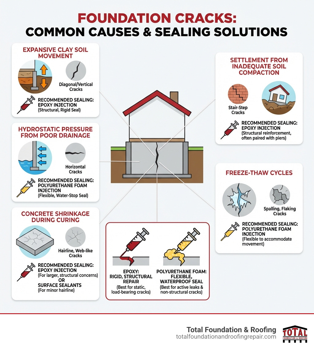 Infographic showing the most common causes of foundation cracks including expansive clay soil movement, hydrostatic pressure from poor drainage, concrete shrinkage during curing, settlement from inadequate soil compaction, and freeze-thaw cycles, with visual indicators for each cause and recommended sealing methods - foundation crack sealing infographic 