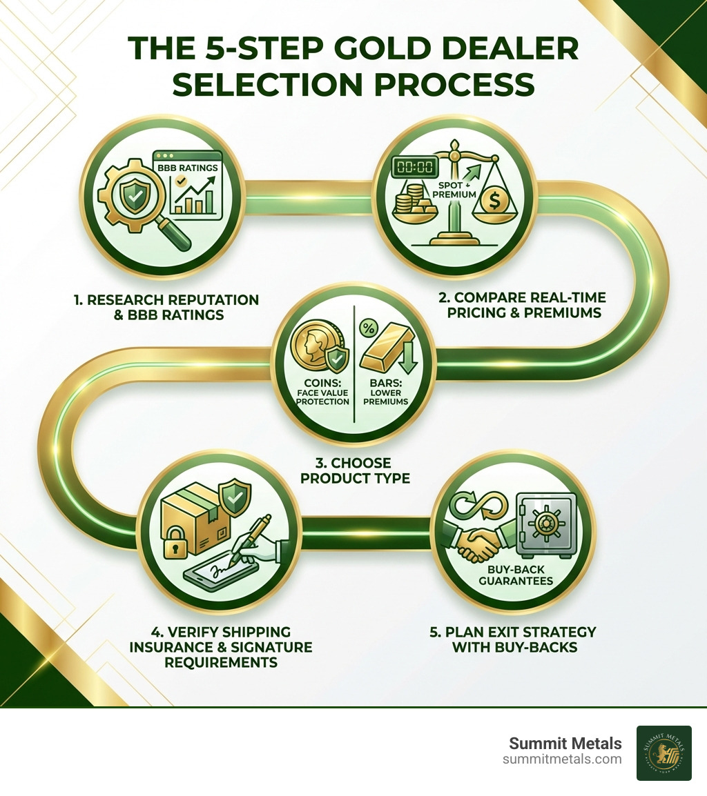 Infographic showing a 5-step process: 1. Research dealer reputation and BBB ratings, 2. Compare real-time pricing and premiums over spot, 3. Choose product type - coins for face value protection or bars for lower premiums, 4. Verify shipping insurance and signature requirements, 5. Plan your exit strategy with buy-back guarantees - gold dealers infographic 