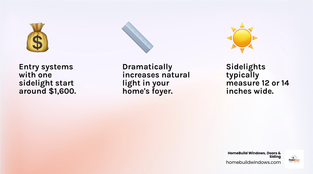 infographic showing the anatomy of a door with side panels including the main door, left and right sidelights, mull posts, jambs, threshold, weatherstripping, transom option, and glass types with labels for each component - doors with side panel infographic 3_facts_emoji_light-gradient
