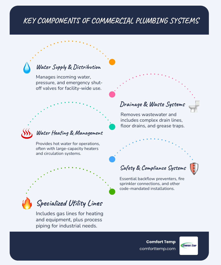 Infographic showing key components of a commercial plumbing system including water supply lines, drain systems, water heaters, backflow preventers, grease traps, gas lines, fire sprinkler connections, and emergency shut-off valves with labels indicating regular maintenance points - commercial plumbing llc infographic infographic-line-5-steps-blues-accent_colors Infographic showing key components of a commercial plumbing system including water supply lines, drain systems, water heaters, backflow preventers, grease traps, gas lines, fire sprinkler connections, and emergency shut-off valves with labels indicating regular maintenance points - commercial plumbing llc infographic infographic-line-5-steps-blues-accent_colors