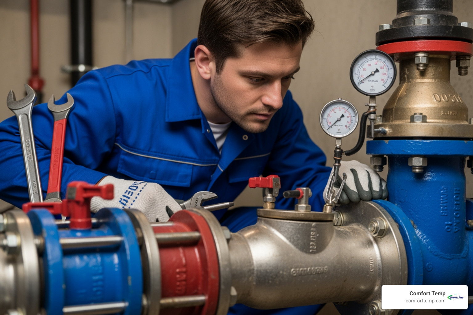 A professional plumber in a blue uniform inspecting a water main - commercial plumbing llc A professional plumber in a blue uniform inspecting a water main - commercial plumbing llc