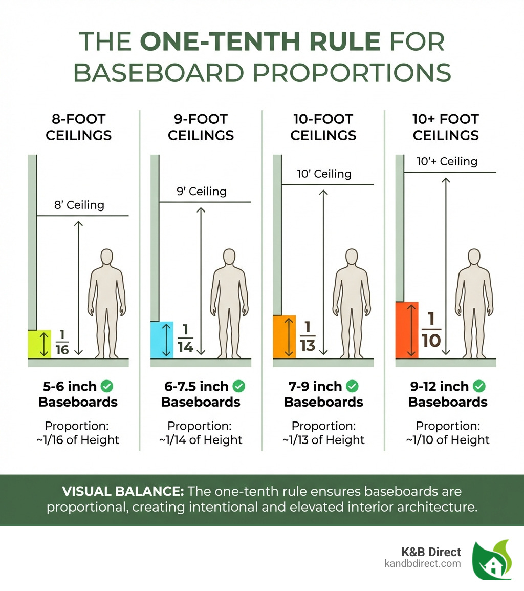 infographic showing the one-tenth rule for baseboard proportions with examples: 8' ceilings need 5-6 inch baseboards, 9' ceilings need 6-7.5 inch baseboards, 10' ceilings need 7-9 inch baseboards, and 10'+ ceilings can use 9-12 inch baseboards, with visual representations of rooms at each height - 12 inch baseboards infographic 