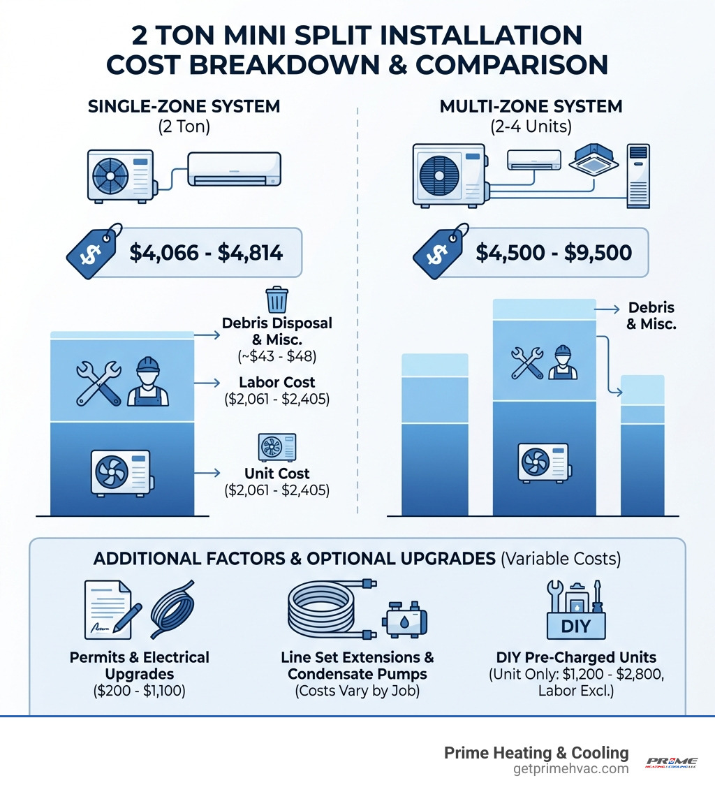 infographic showing breakdown of 2 ton mini split installation costs including unit price, labor, electrical work, permits, and optional upgrades like line set extensions and condensate pumps, with comparison between single-zone and multi-zone systems - 2 ton mini split installation cost infographic 