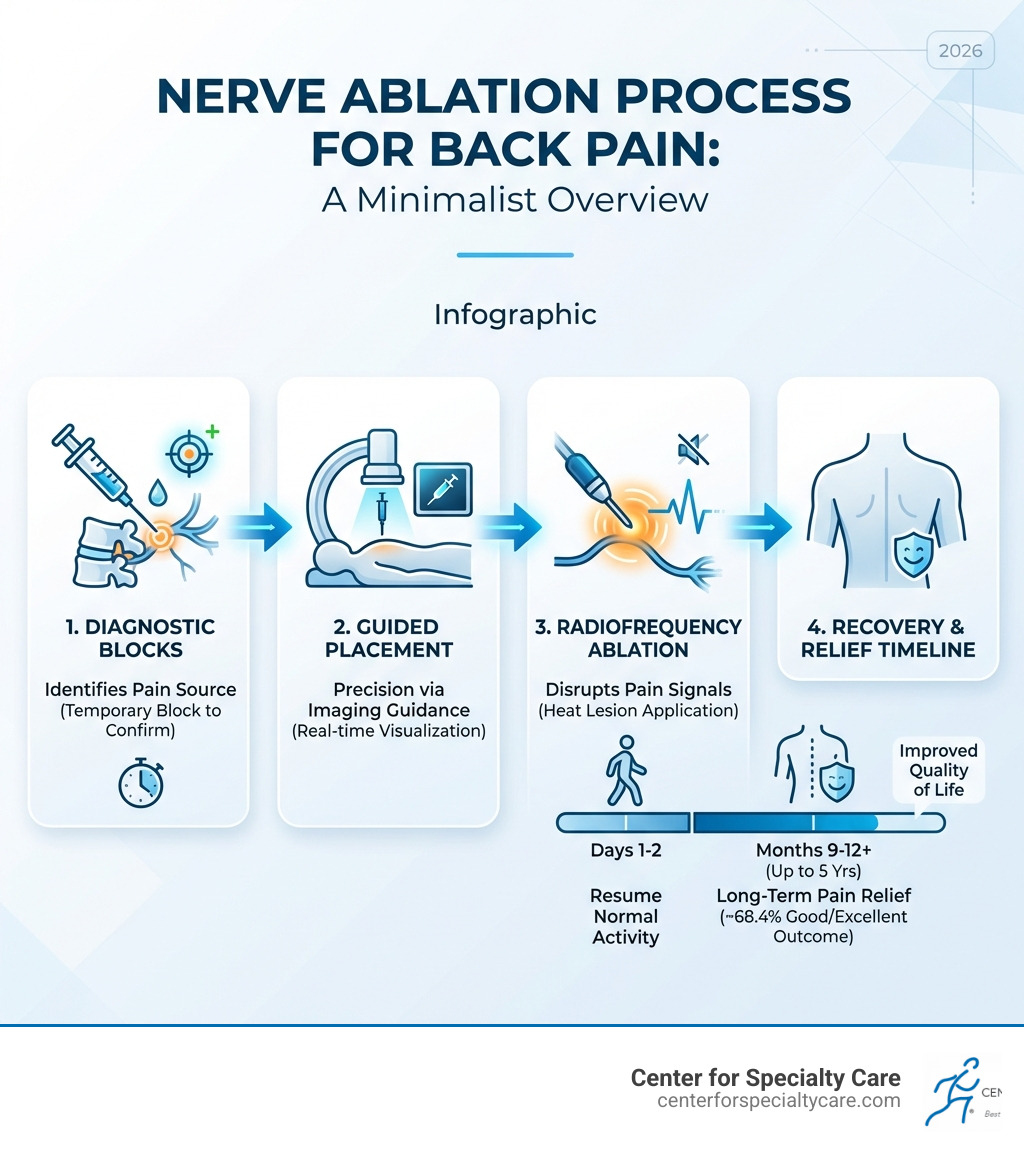 infographic showing the nerve ablation process: diagnostic blocks to identify pain source, needle placement under imaging guidance, radiofrequency energy application, and expected recovery timeline with pain relief outcomes - ablation on back infographic 