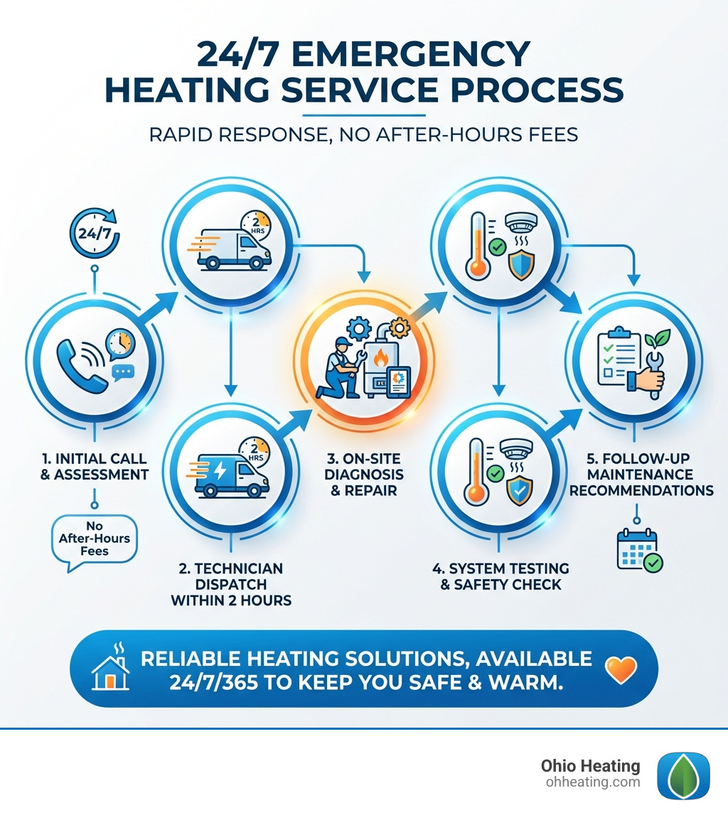 infographic showing emergency heating service process: initial call and assessment, technician dispatch within 2 hours, on-site diagnosis and repair, system testing and safety check, follow-up maintenance recommendations, all available 24/7 with no after-hours fees - emergency heating services near me infographic 