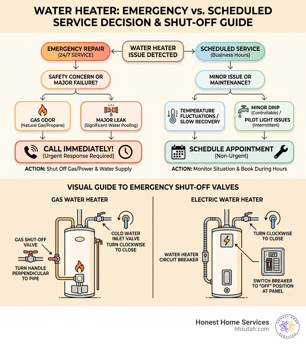 infographic showing when to call for emergency water heater repair versus scheduled service, including decision flowchart for safety issues like gas leaks and major leaks versus minor problems, plus visual guide to emergency shut-off valve locations for both gas and electric water heaters - 24 7 water heater repair infographic infographic showing when to call for emergency water heater repair versus scheduled service, including decision flowchart for safety issues like gas leaks and major leaks versus minor problems, plus visual guide to emergency shut-off valve locations for both gas and electric water heaters - 24 7 water heater repair infographic