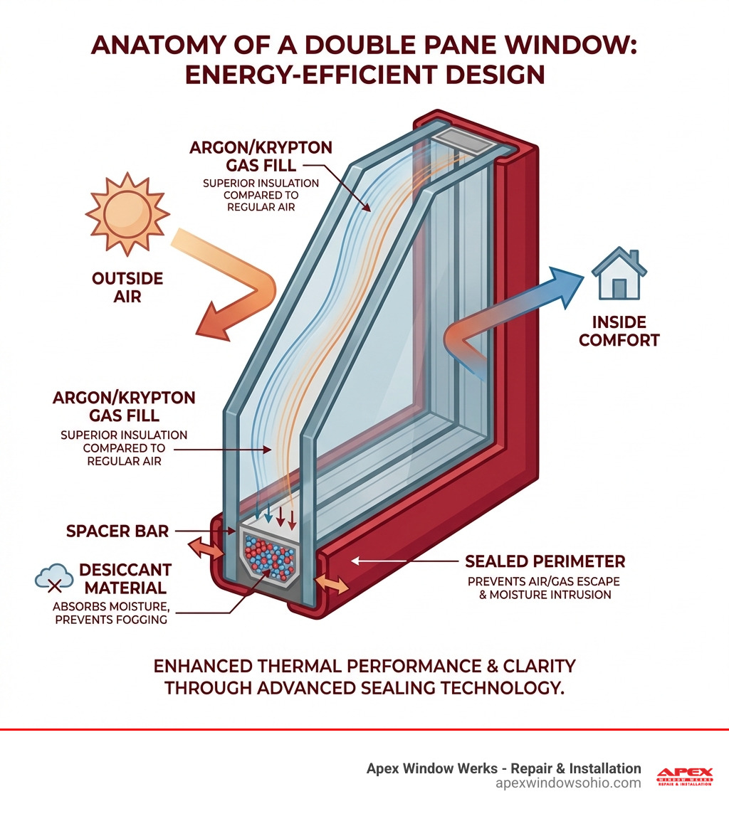Infographic showing the anatomy of a double pane window: two glass panes separated by a spacer bar, with desiccant material absorbing moisture, sealed perimeter preventing air/gas escape, and argon or krypton gas fill providing superior insulation compared to regular air - double pane window glass replacement near me infographic Infographic showing the anatomy of a double pane window: two glass panes separated by a spacer bar, with desiccant material absorbing moisture, sealed perimeter preventing air/gas escape, and argon or krypton gas fill providing superior insulation compared to regular air - double pane window glass replacement near me infographic