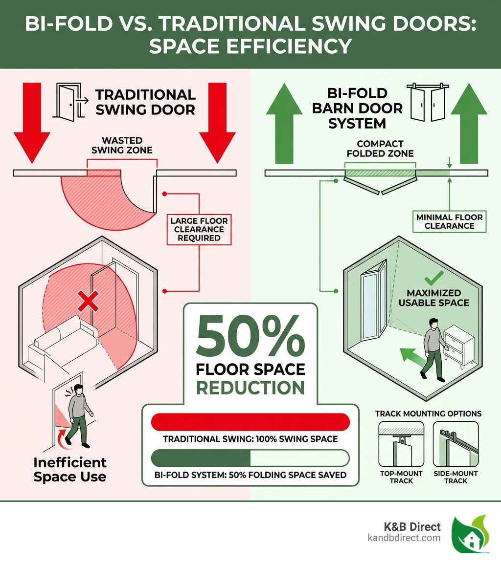 Infographic showing bi-fold door space savings compared to traditional swing doors, illustrating 50% floor space reduction with folding mechanism and track mounting options - 60 bi fold barn door hardware kit infographic 