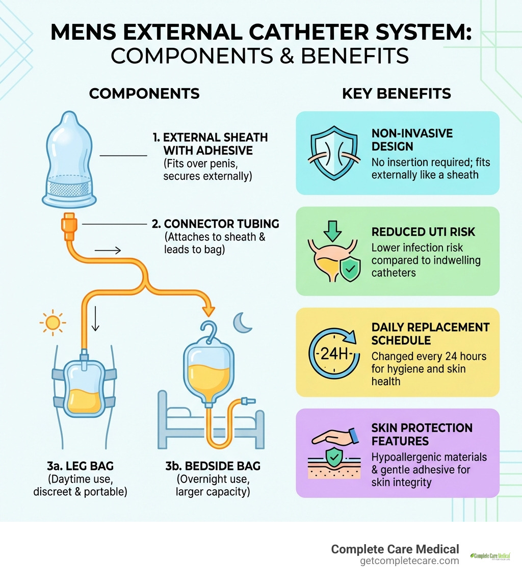 Infographic showing the components of a mens external catheter system: 1) External sheath with adhesive that fits over the penis, 2) Connector tubing that attaches to the sheath, 3) Drainage bag options including leg bag for daytime use and bedside bag for overnight use, 4) Key benefits including non-invasive design, reduced UTI risk compared to indwelling catheters, daily replacement schedule, and skin protection features - mens external catheter infographic Infographic showing the components of a mens external catheter system: 1) External sheath with adhesive that fits over the penis, 2) Connector tubing that attaches to the sheath, 3) Drainage bag options including leg bag for daytime use and bedside bag for overnight use, 4) Key benefits including non-invasive design, reduced UTI risk compared to indwelling catheters, daily replacement schedule, and skin protection features - mens external catheter infographic