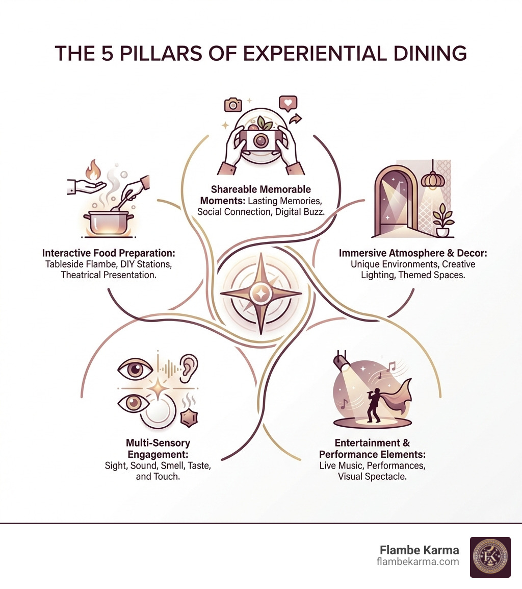 infographic showing the five pillars of experiential dining: interactive food preparation, immersive atmosphere and decor, entertainment and performance elements, multi-sensory engagement including sight sound and smell, and shareable memorable moments - fun restaurant experiences infographic 
