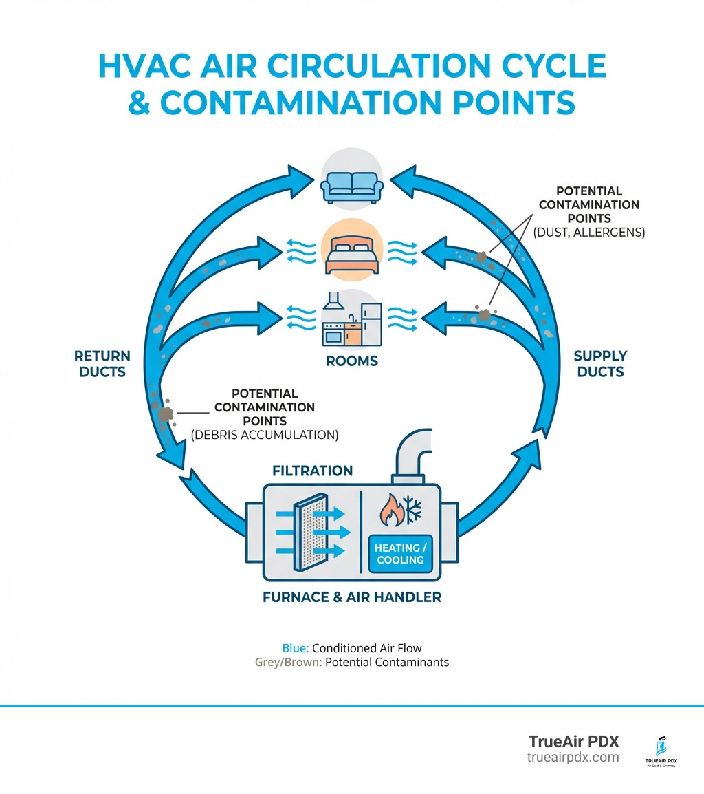 Infographic showing the cycle of air circulation through a home HVAC system, including supply ducts delivering conditioned air to rooms, return ducts pulling air back to the furnace or air handler, filtration process, heating or cooling of air, and potential contamination points where dust, allergens, and debris accumulate in ductwork over time - HVAC air duct cleaning infographic 
