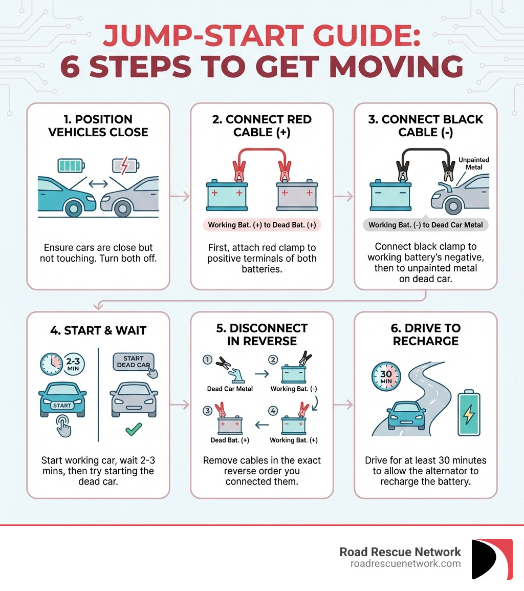 Infographic showing the basic steps to jump start a car: 1) Position working vehicle close to dead vehicle 2) Connect red cable to positive terminals on both batteries 3) Connect black cable to working battery negative terminal and unpainted metal on dead car 4) Start working vehicle, wait 2-3 minutes, then start dead vehicle 5) Disconnect cables in reverse order 6) Drive for 30 minutes to recharge battery - jump start vancouver wa infographic 