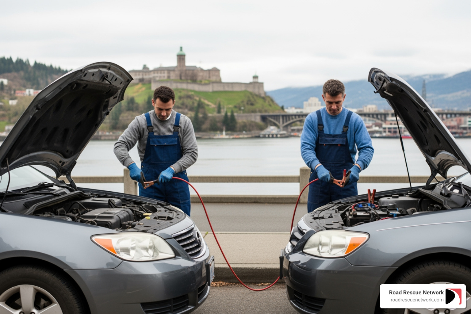 Image of a Road Rescue Network tow truck assisting a broken-down vehicle on a street in Vancouver, WA, with mountains in the background - jump start vancouver wa