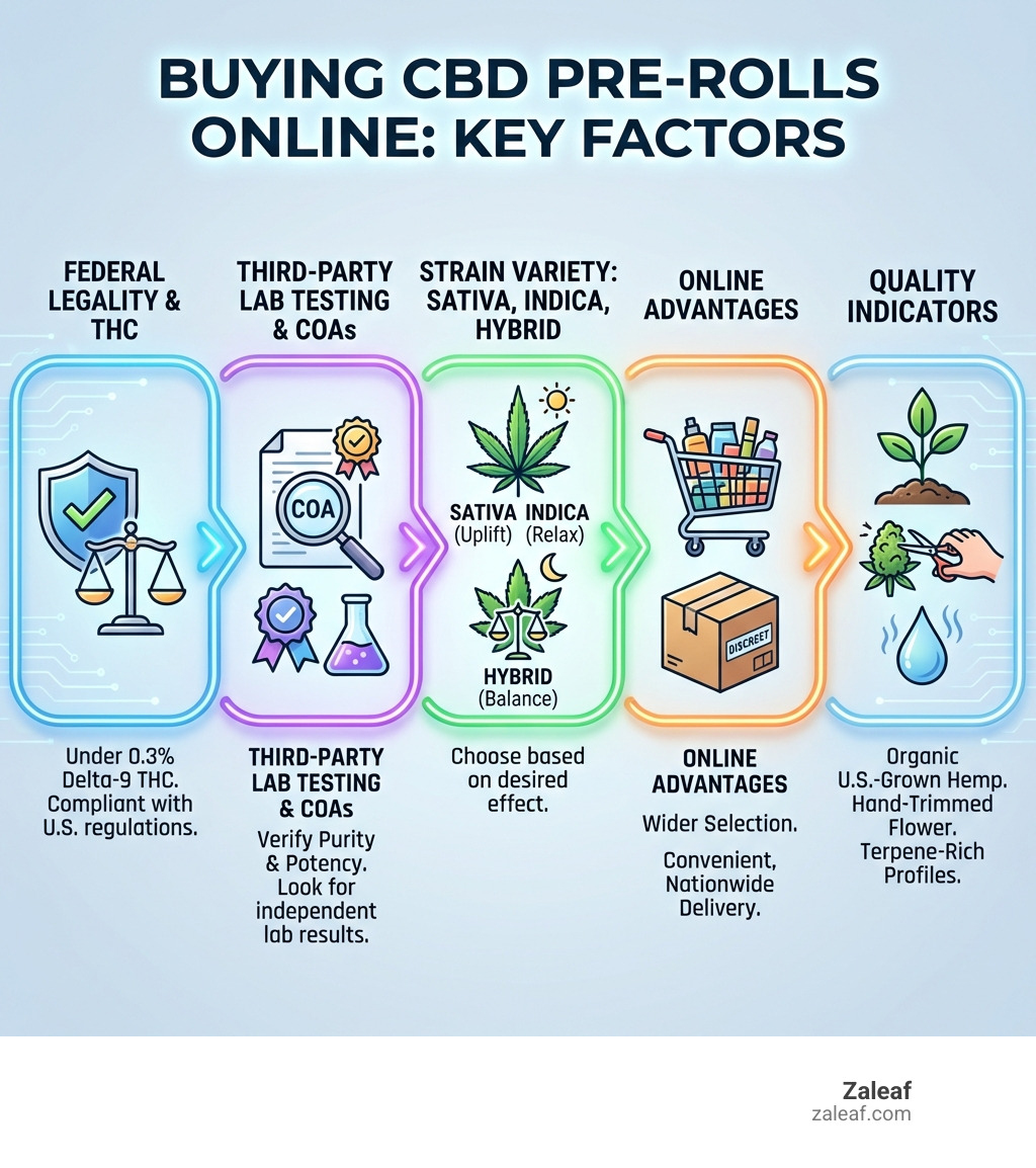 Infographic showing the key factors for buying CBD pre-rolls online: federal legality under 0.3% THC, benefits of third-party lab testing with COAs, differences between Sativa, Indica, and Hybrid strains, advantages of online shopping including variety and discreet delivery, and quality indicators like organic U.S.-grown hemp, hand-trimmed flower, and terpene-rich profiles - cbd pre rolls online infographic 