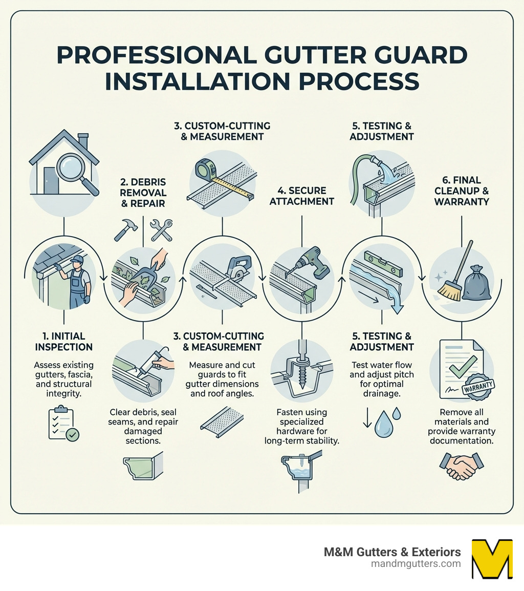 Infographic showing the professional gutter guard installation process: 1) Initial inspection of existing gutters and fascia, 2) Removal of debris and repair of damaged sections, 3) Measurement and custom-cutting of guard materials, 4) Secure attachment using specialized fasteners and hangers, 5) Testing water flow and adjusting pitch for optimal drainage, 6) Final cleanup and warranty documentation - Professional gutter guard installation infographic 