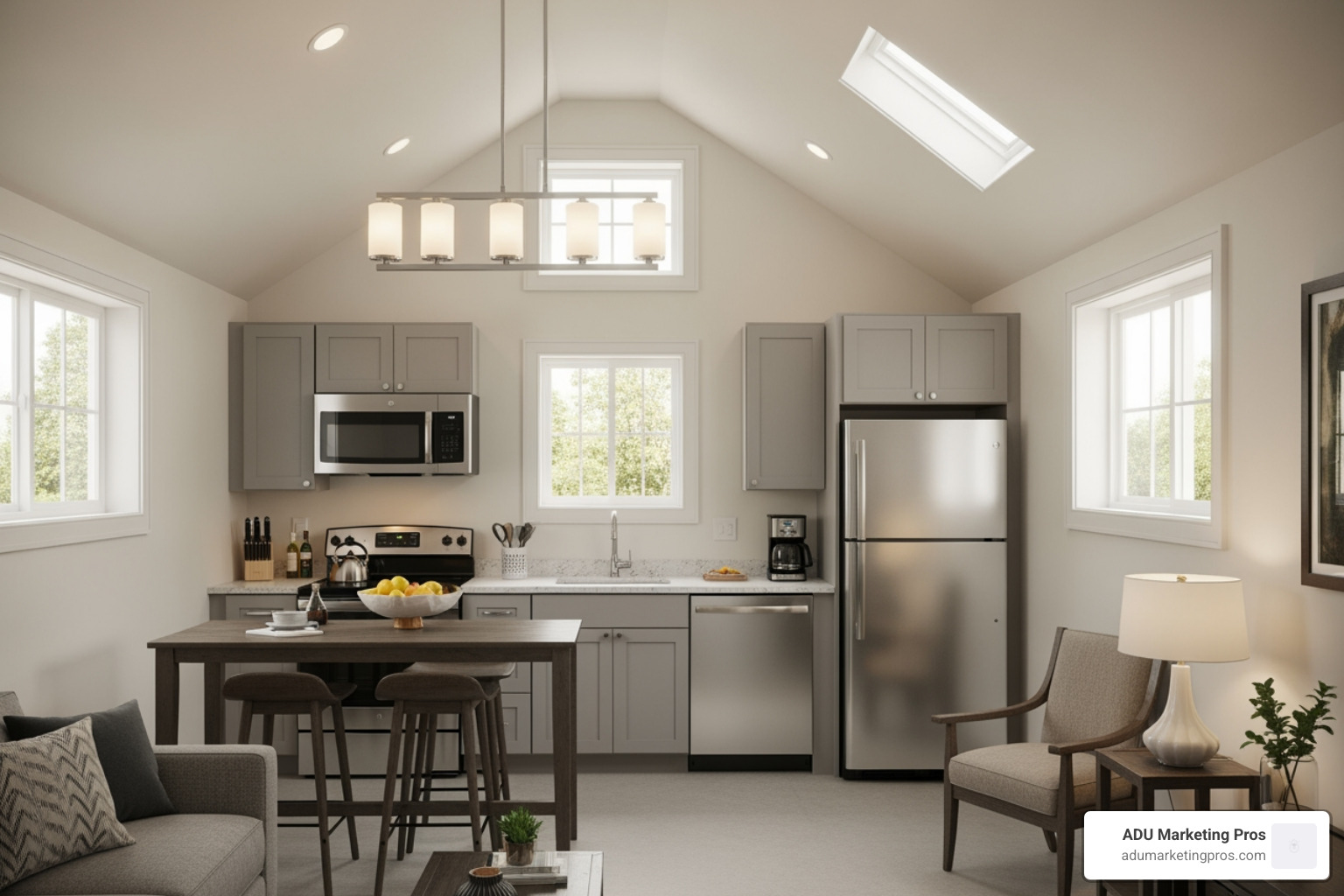 finished interior garage apartment showing compact kitchen and living area with vaulted ceilings - cost to convert 2 car garage to apartment