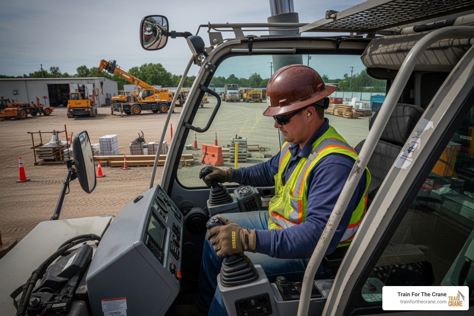 A crane operator in a hard hat and safety vest performing a practical crane operation test on a mobile crane - crane operator safety training