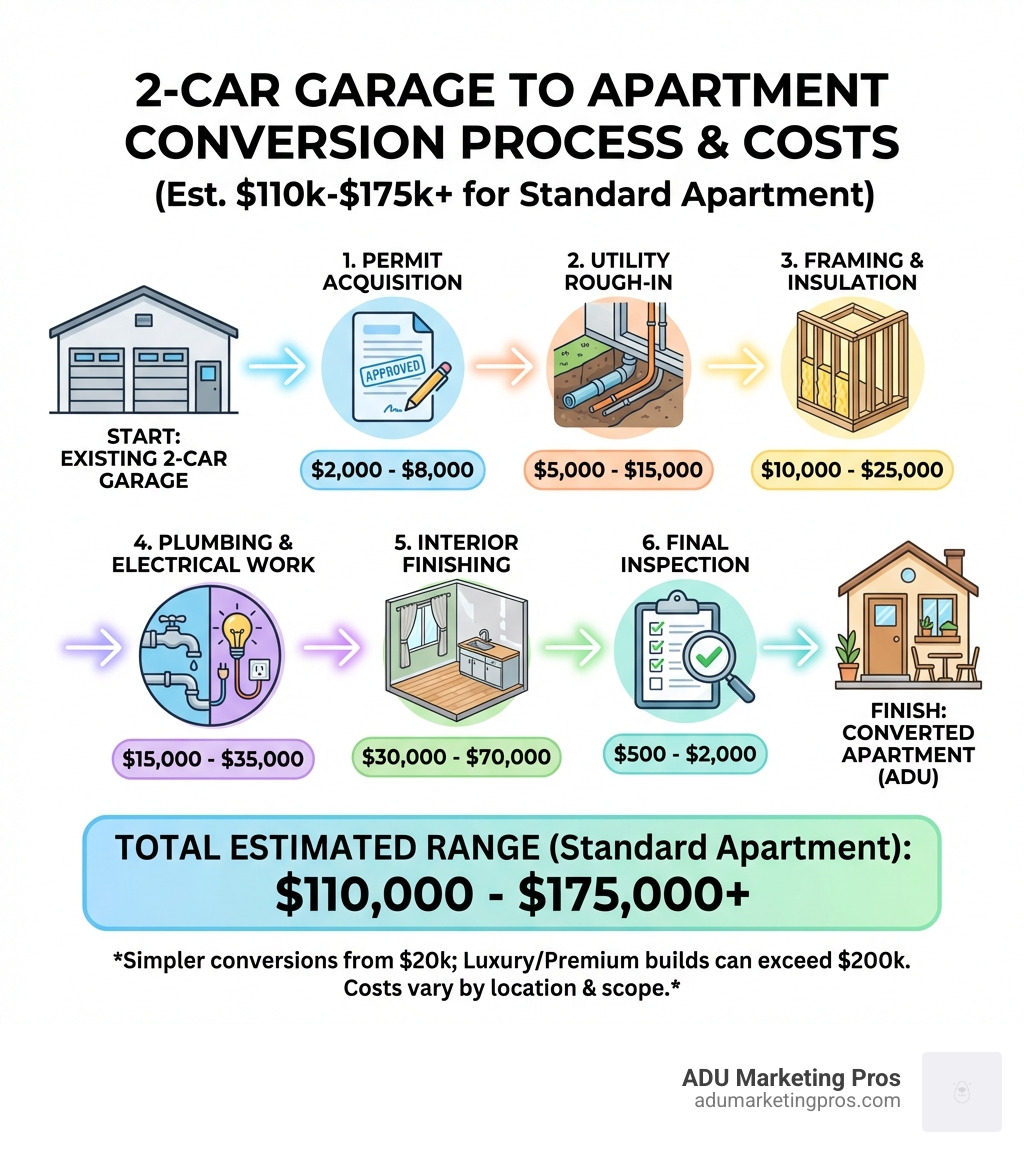 infographic showing the step-by-step process of converting a 2-car garage into an apartment, including permit acquisition, utility rough-in, framing and insulation, plumbing and electrical work, interior finishing, and final inspection with associated cost ranges for each phase - cost to convert 2 car garage to apartment infographic 