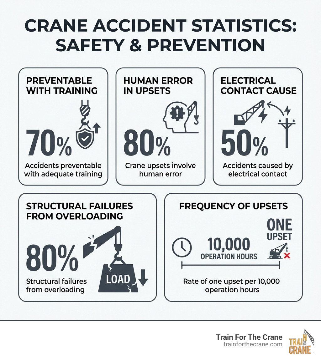 Infographic showing crane accident statistics: 70% of accidents preventable with training, 80% of crane upsets involve human error, 50% of accidents caused by electrical contact, 80% of structural failures from overloading, and one upset per 10,000 operation hours - crane operator safety training infographic 