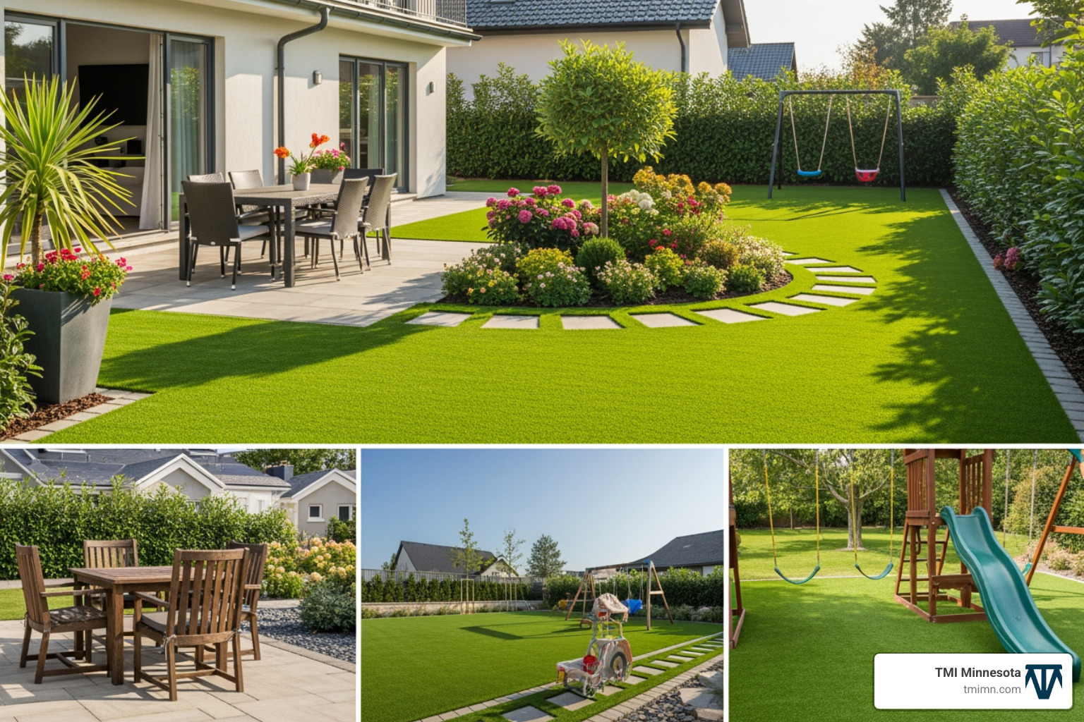 family playing on clean synthetic lawn - artificial grass landscaping