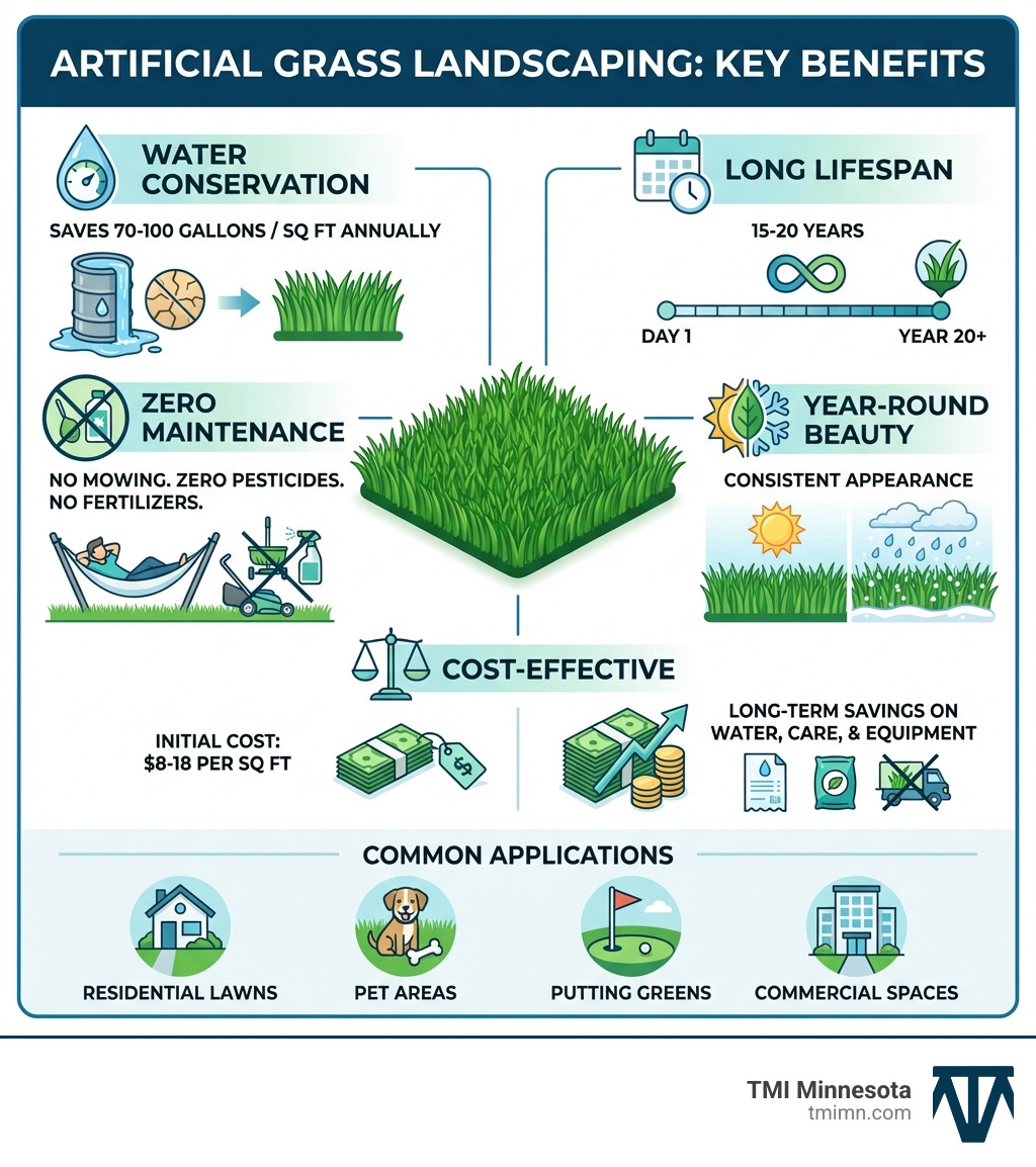 Infographic showing artificial grass landscaping benefits: 70-100 gallons of water saved per square foot annually, 15-20 year lifespan, zero pesticides or fertilizers required, consistent year-round appearance, initial cost of $8-18 per square foot with long-term maintenance savings, suitable for residential lawns, pet areas, putting greens, and commercial spaces - artificial grass landscaping infographic 