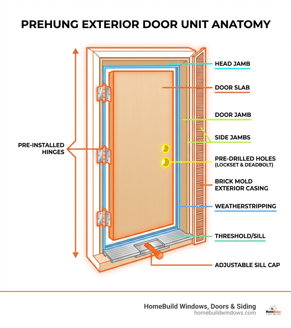Infographic showing the anatomy of a prehung exterior door unit, including labeled components: door slab, pre-installed hinges, door jamb (head jamb, side jambs, threshold/sill), weatherstripping, brick mold exterior casing, pre-drilled holes for lockset and deadbolt, and adjustable sill cap - installing a prehung exterior door infographic 