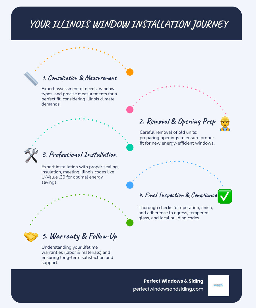 infographic showing the complete window installation process from initial consultation through measurement, removal of old windows, professional installation with proper sealing and insulation, final inspection, and warranty coverage, with average timelines for each step and key quality checkpoints for Illinois climate requirements - Window Installation Illinois infographic infographic-line-5-steps-blues-accent_colors