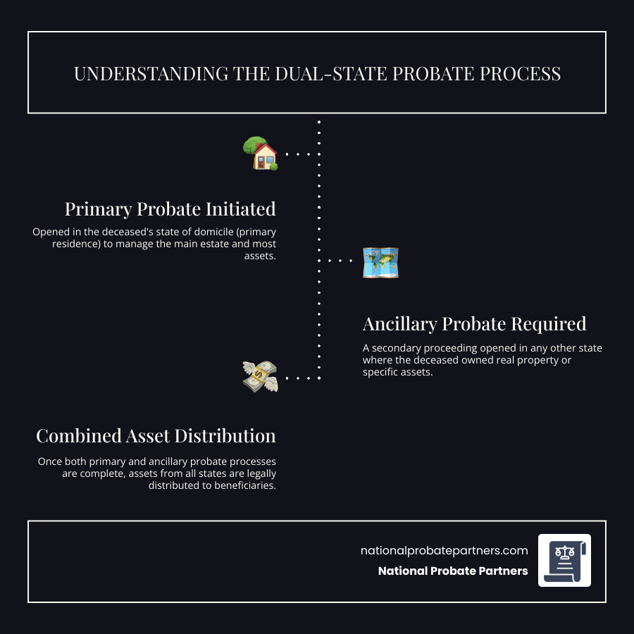 infographic showing a flowchart with two states side by side, illustrating how primary probate occurs in the state of domicile while ancillary probate simultaneously occurs in the state where out-of-state property is located, with arrows showing the executor must file in both jurisdictions and how assets flow to beneficiaries after both processes complete - Ancillary probate infographic infographic-line-3-steps-dark