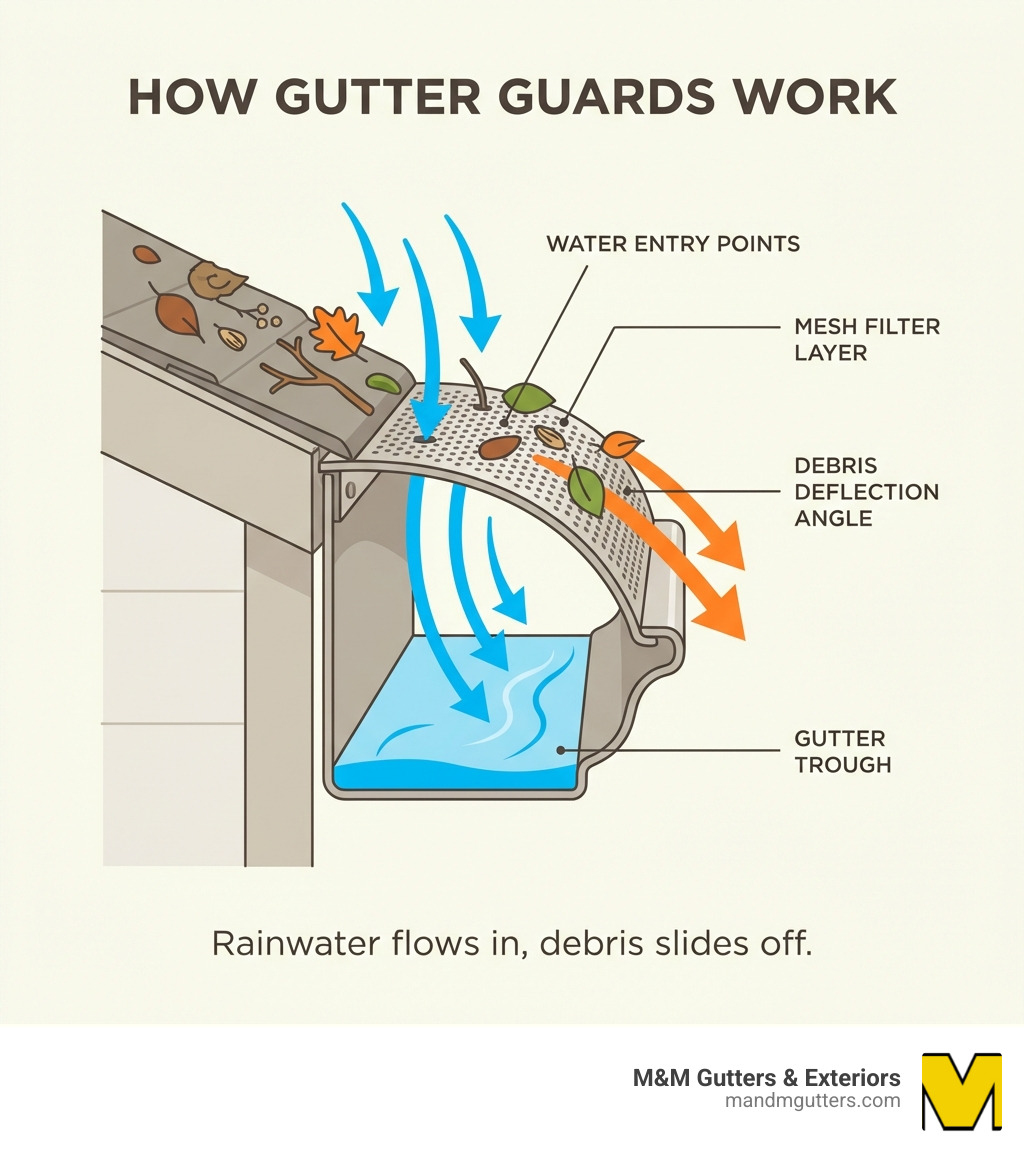 Infographic showing how gutter guards work: rainwater flows through micro-mesh or perforated surface into gutter channel below, while leaves, twigs, seeds, and debris slide off the curved surface to the ground; includes cross-section view of guard installed over gutter with water arrows flowing down and debris arrows deflecting away; labels show mesh filter layer, water entry points, gutter trough, and debris deflection angle - Gutter guards near me infographic 