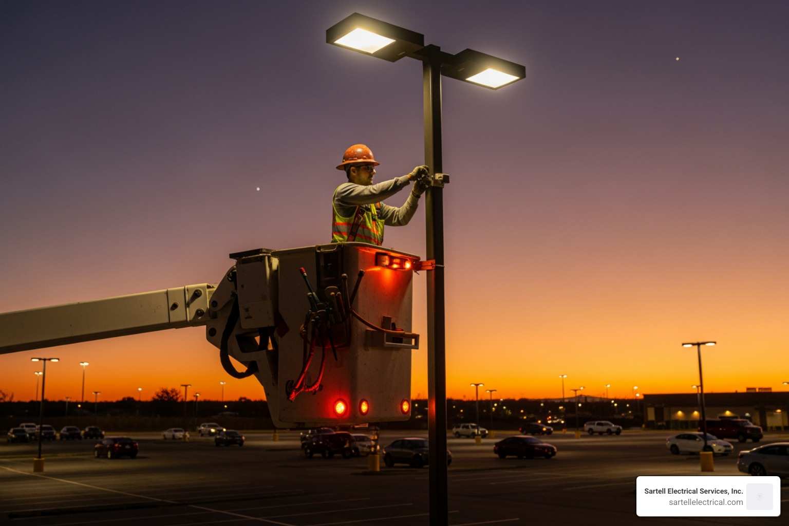 electrician servicing parking lot lighting with a bucket truck - commerical electrician
