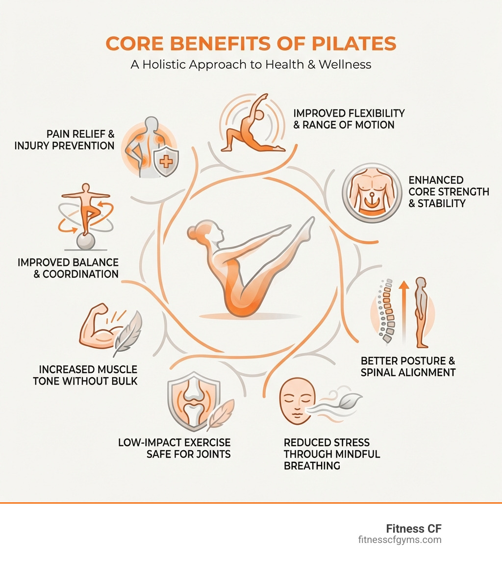 Infographic showing the core benefits of Pilates: improved flexibility and range of motion, enhanced core strength and stability, better posture and spinal alignment, reduced stress through mindful breathing, low-impact exercise safe for joints, increased muscle tone without bulk, improved balance and coordination, pain relief and injury prevention - pilates mount dora infographic 
