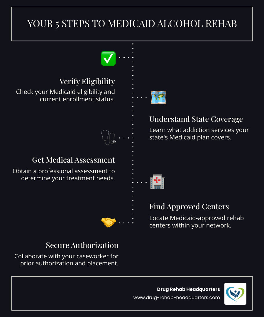 infographic showing 5 steps to using Medicaid for alcohol rehab: 1. Check your Medicaid eligibility and enrollment status, 2. Understand what addiction services your state covers, 3. Get a medical assessment to determine treatment needs, 4. Find Medicaid-approved rehab centers in your network, 5. Work with your caseworker to secure authorization and start treatment - medicaid alcohol rehab infographic infographic-line-5-steps-dark