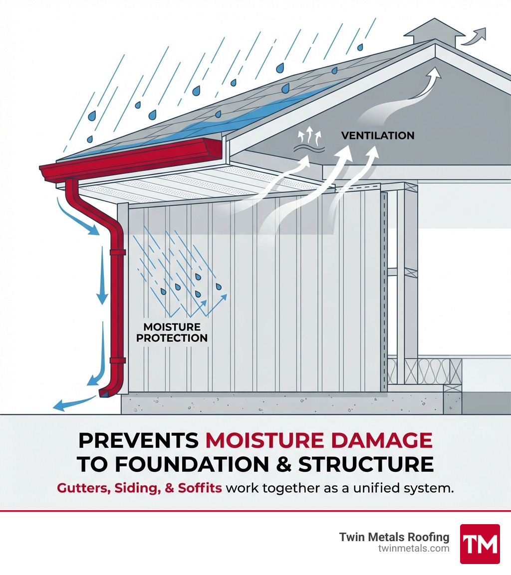 infographic showing how gutters catch water from the roof, siding protects exterior walls, and soffits ventilate the attic space while all three prevent moisture damage to foundation and structure - gutters siding soffits infographic infographic showing how gutters catch water from the roof, siding protects exterior walls, and soffits ventilate the attic space while all three prevent moisture damage to foundation and structure - gutters siding soffits infographic