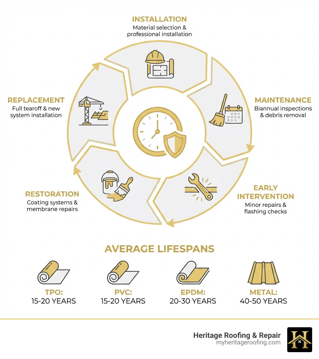 infographic showing commercial roof lifecycle stages including installation with material selection and professional installation, maintenance with biannual inspections and debris removal, early intervention with minor repairs and flashing checks, restoration with coating systems and membrane repairs, and replacement with full tearoff and new system installation, with average lifespans noted for each roofing type TPO 15-20 years PVC 15-20 years EPDM 20-30 years and metal 40-50 years - commercial roofing fayetteville ar infographic 
