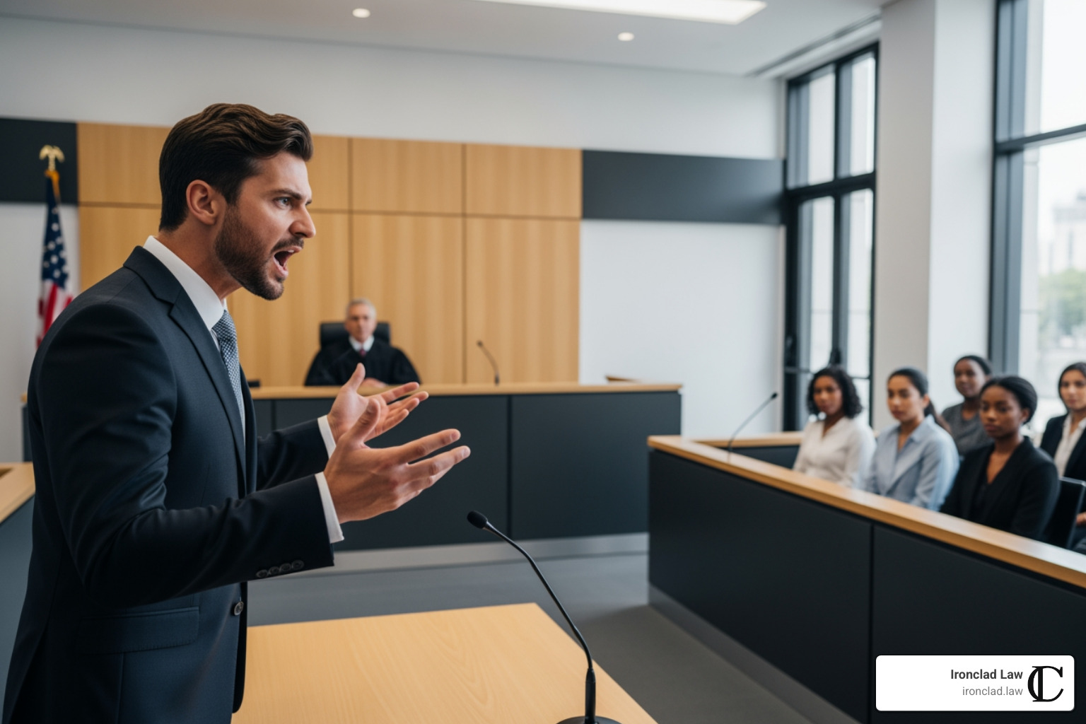 Aggressive trial attorney in a California courtroom - California corporate attorney Aggressive trial attorney in a California courtroom - California corporate attorney