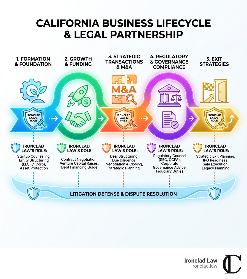Infographic showing the complete lifecycle of a California business from initial entity formation through growth funding, M&A transactions, regulatory compliance, and exit strategies, with Ironclad Law's role highlighted at each critical stage including startup counseling, contract negotiation, litigation defense, and strategic planning - California corporate attorney infographic Infographic showing the complete lifecycle of a California business from initial entity formation through growth funding, M&A transactions, regulatory compliance, and exit strategies, with Ironclad Law's role highlighted at each critical stage including startup counseling, contract negotiation, litigation defense, and strategic planning - California corporate attorney infographic