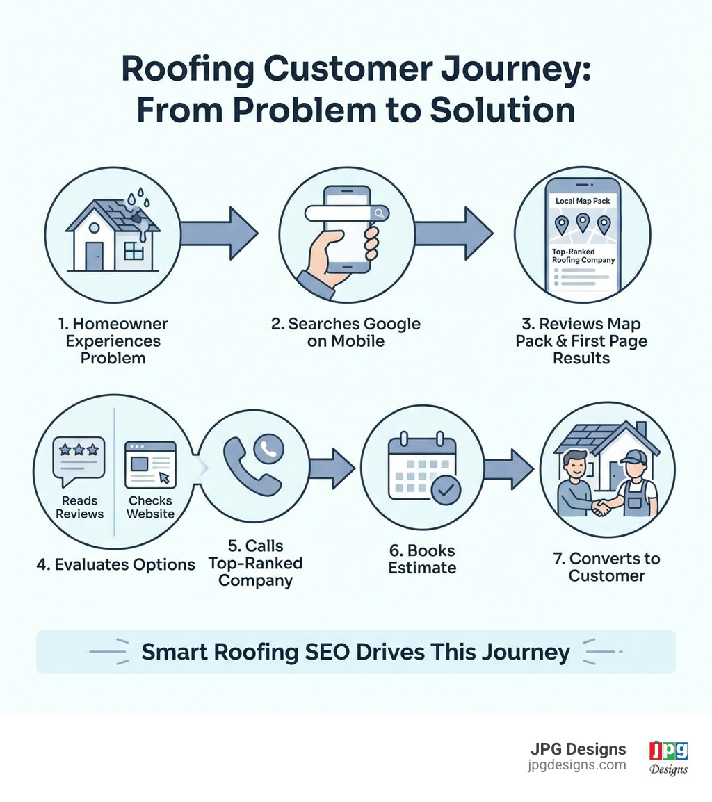 Infographic showing the roofing customer journey: homeowner experiences problem → searches Google on mobile → reviews map pack and first page results → reads reviews and checks website → calls top-ranked company → books estimate → converts to customer - roofing seo infographic Infographic showing the roofing customer journey: homeowner experiences problem → searches Google on mobile → reviews map pack and first page results → reads reviews and checks website → calls top-ranked company → books estimate → converts to customer - roofing seo infographic