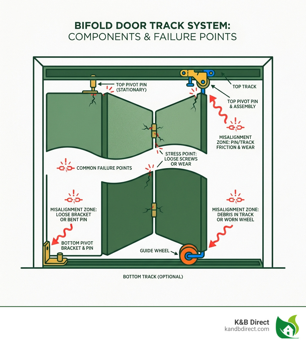infographic showing bifold door track system components including top track, bottom pivot bracket, top pivot pin, bottom pivot pin, guide wheel, and common failure points with labels indicating where misalignment typically occurs - Collapsing Closet Doors infographic infographic showing bifold door track system components including top track, bottom pivot bracket, top pivot pin, bottom pivot pin, guide wheel, and common failure points with labels indicating where misalignment typically occurs - Collapsing Closet Doors infographic